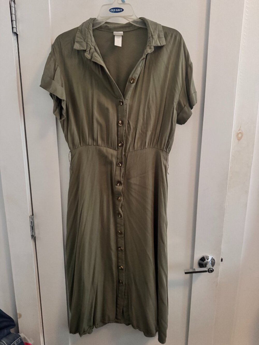 H&M Women's Midi Dress Olive Green Button-Up Size 10 - Missing Belt
